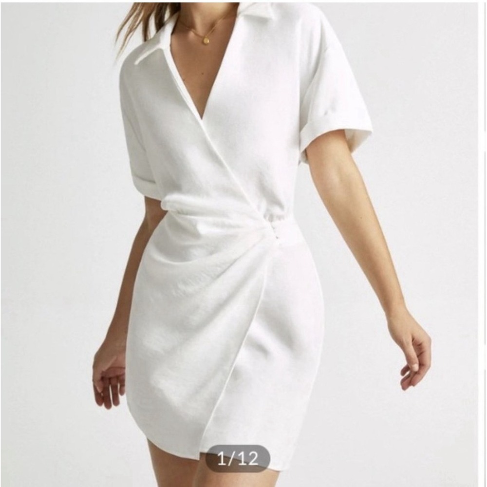 NWT Commense Womens Collared Cuffed Sleeve Button Wrap Short Dress White Medium